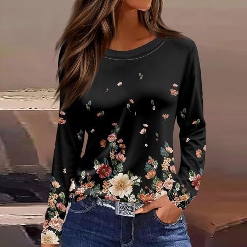 Womens Long Sleeve Shirts Summer Casual V-Neck Tshirt Ladies Floral Print Daily Tees Tunic Tops Trendy Blouses