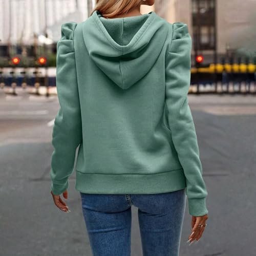 Hoodies for Women Soild Casual Puff Sleeve Drawstring Sweatshirts Loose Fit Pullover Clothing Fall Fashion Tops