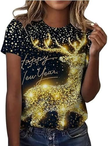 Women's Cute Christmas Printed Round Neck Short Sleeve Tops Short Sleeve T Shirts Loose Fitting T Shirt