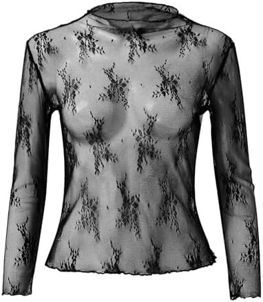 Mesh Tops for Women See Through Sheer Blouse Sexy Clubwear Party Shirts Womens Under Shirts Long Sleeved