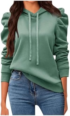 Hoodies for Women Soild Casual Puff Sleeve Drawstring Sweatshirts Loose Fit Pullover Clothing Fall Fashion Tops