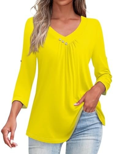 Short Sleeve Button Down Women Loose Fit Dressy Fall 3/4 Sleeve Shirts Casual V Neck Dress Tunic Tops for Women