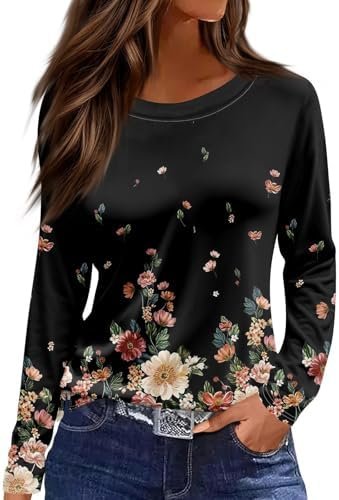 Womens Long Sleeve Shirts Summer Casual V-Neck Tshirt Ladies Floral Print Daily Tees Tunic Tops Trendy Blouses