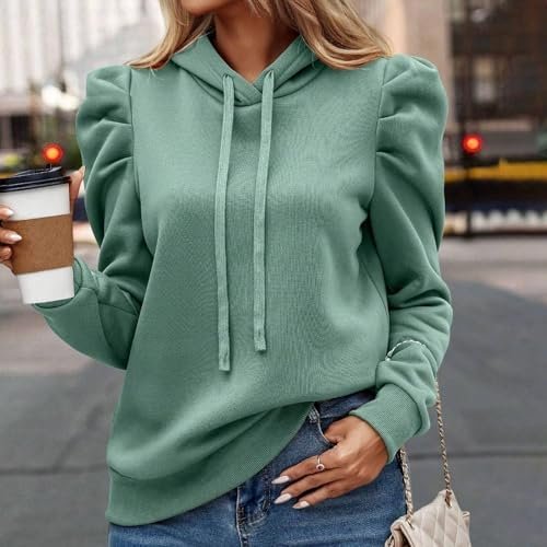 Hoodies for Women Soild Casual Puff Sleeve Drawstring Sweatshirts Loose Fit Pullover Clothing Fall Fashion Tops