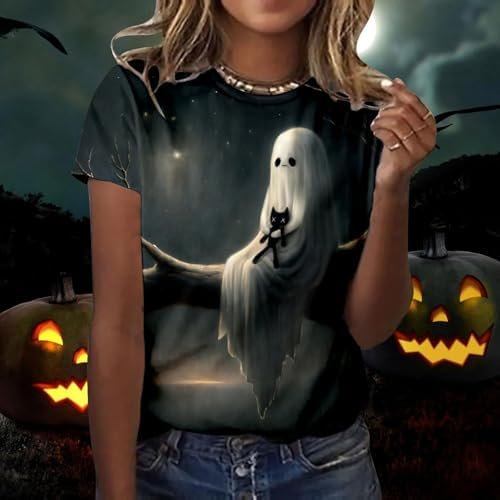 Halloween Women's Print Short Sleeved Crew Neck T Shirt Top Womens Dressy Casual Clothes