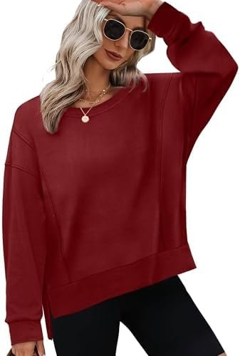 Women Fall Long Sleeve Shirts Side Slit Tops Loose Fit